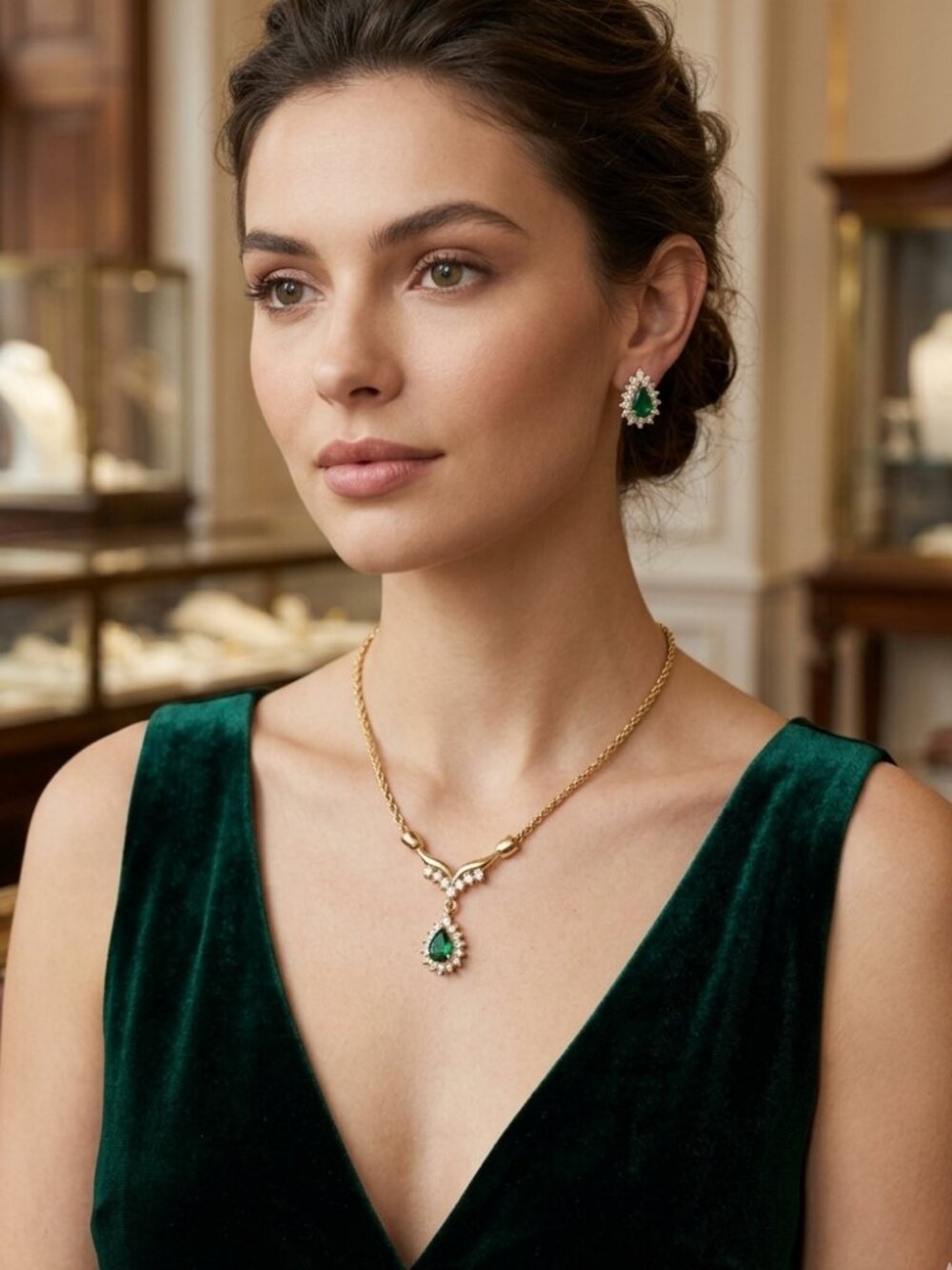 ROMAN Green Gem & Gold Plated Matching Necklace & Earrings Set Worn Once!
